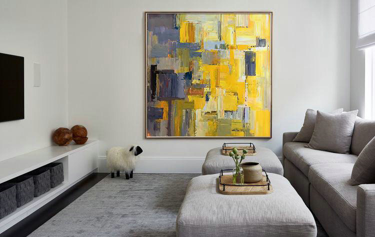 Oversized Palette Knife Painting Contemporary Art On Canvas,Xl Large Canvas Art,Yellow,Gray Violet,Brown,Taupe